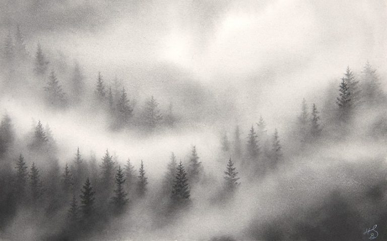 Monochromes Nebelwald Aquarell der Schwarzwälder Künstlerin Sonja H. Bächle